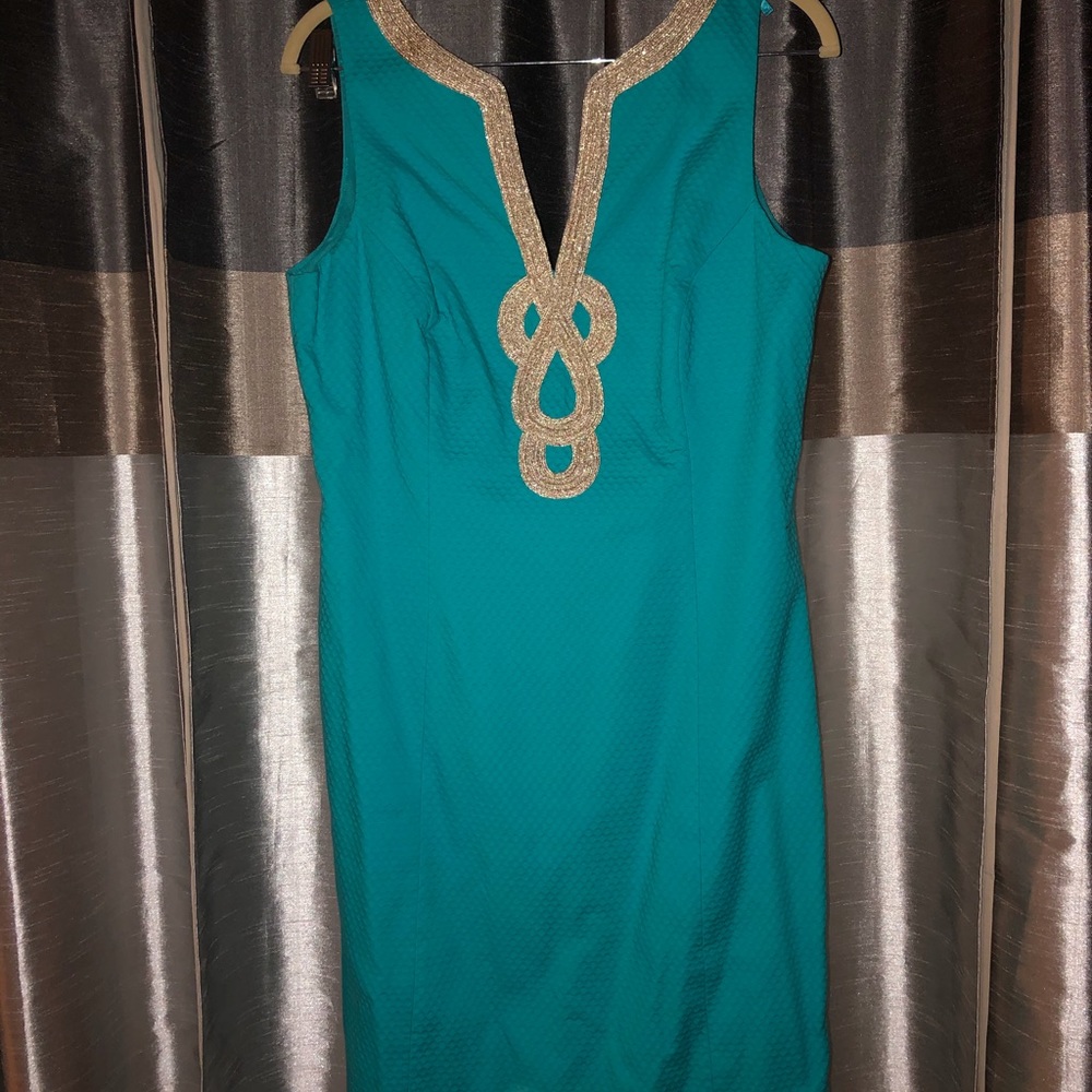 Turquoise and gold mini dress